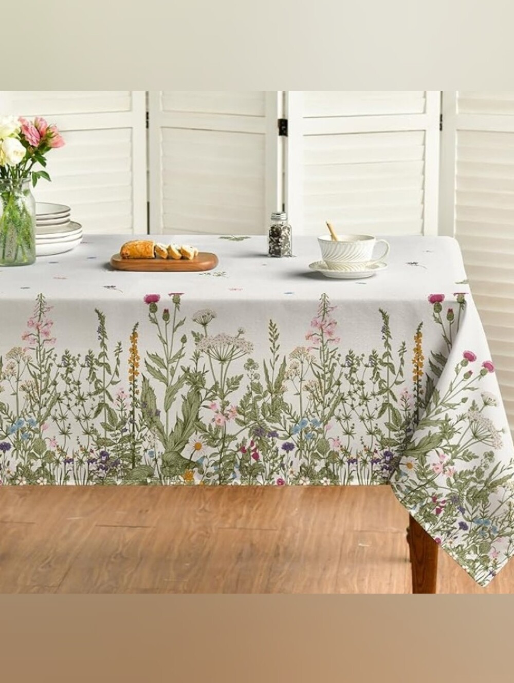 Wildflower Border Tablecloth - White with Meadow Print 60 X 120